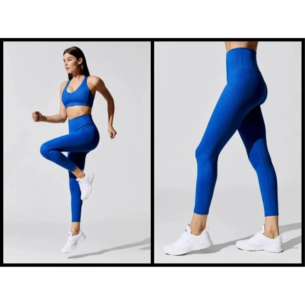 💕CARBON38💕 Shine Powder Set Cross Back Bra + 7/8 Legging Cobalt Blue Large NWT